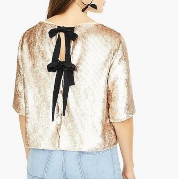 J. Crew Shimmering Gold Sequin Boxy Blouse Top w Black Ribbon Bow Ties Size 10 - Picture 2 of 11
